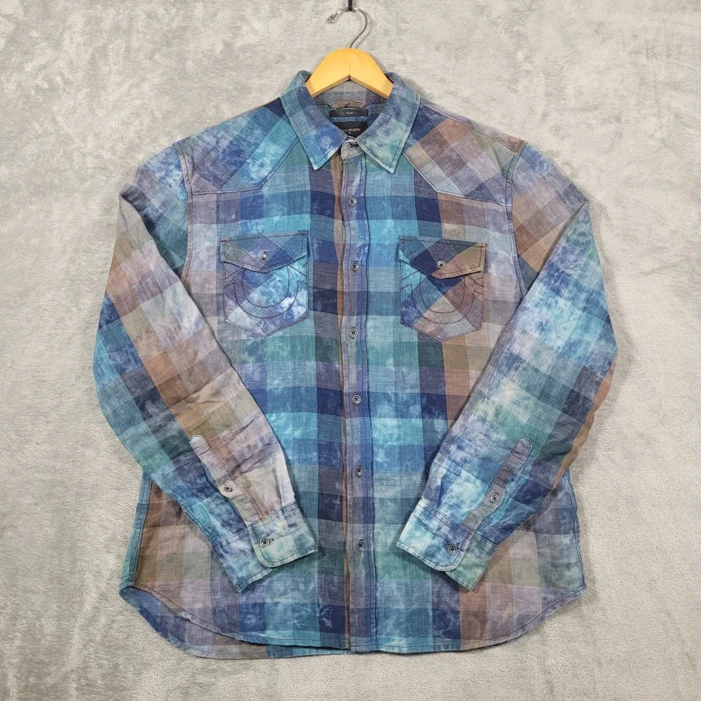 True Religion Western Shirt Mens Large Blue Plaid Slim Fit Bleashed MB011RN4